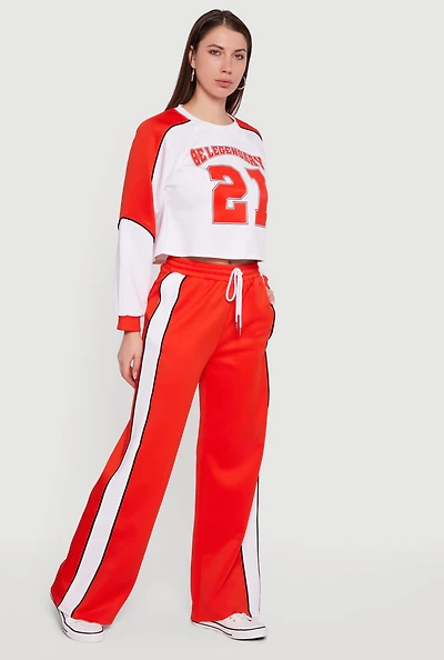 Contrast Trim Piping High Waisted Wide Leg Pants