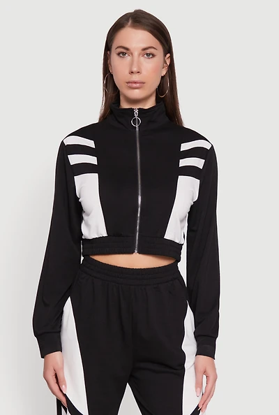 Womens Color Block Cropped Zip Front Track Jacket, Black, Size S