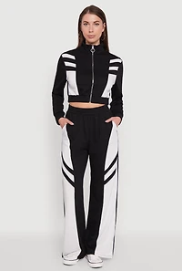Womens Color Block Cropped Zip Front Track Jacket,