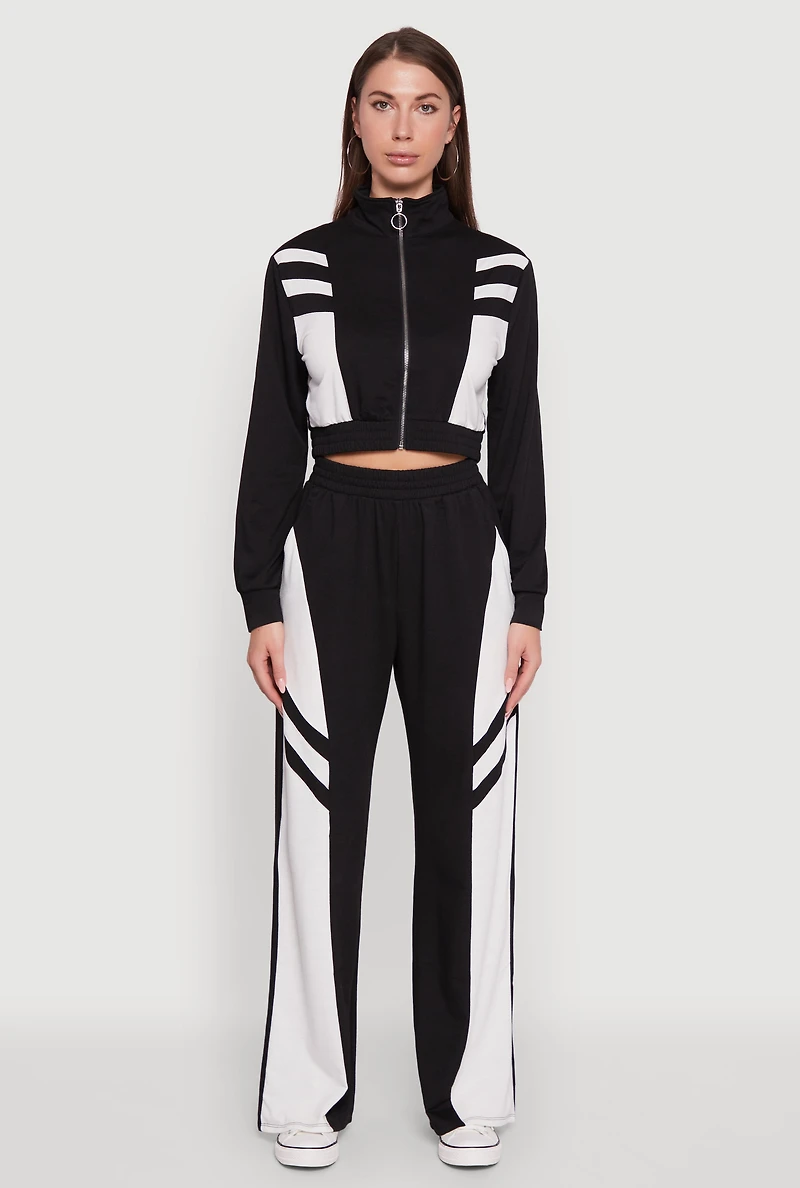 Womens Color Block Cropped Zip Front Track Jacket, M