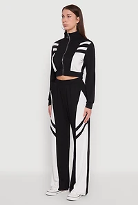 Womens Color Block Cropped Zip Front Track Jacket,