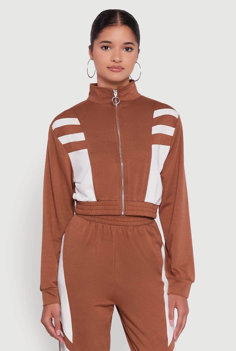 Womens Color Block Cropped Zip Front Track Jacket,