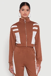 Womens Color Block Cropped Zip Front Track Jacket,