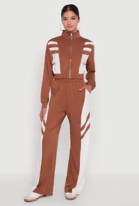 Womens Color Block Cropped Zip Front Track Jacket,