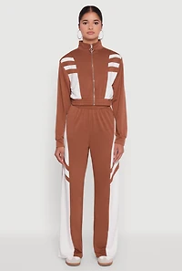 Womens Color Block Cropped Zip Front Track Jacket,