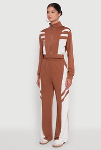 Womens Color Block Cropped Zip Front Track Jacket,