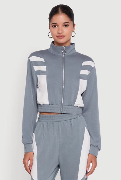 Womens Color Block Cropped Zip Front Track Jacket, Grey, Size S