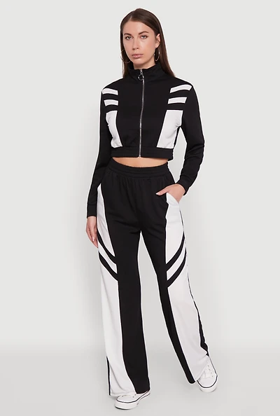 Womens Color Block Wide Leg Sweatpants, Black, Size L