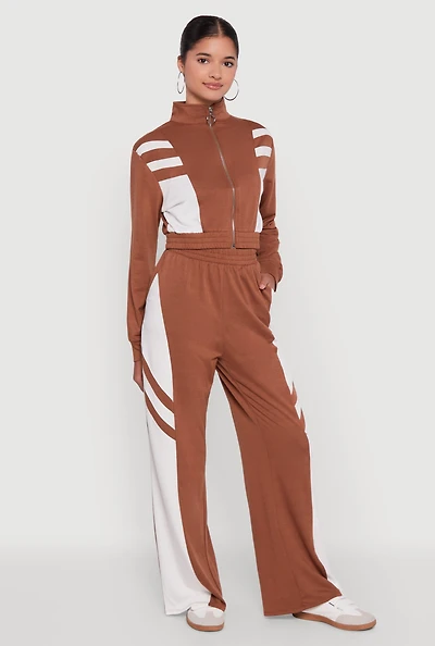 Womens Color Block Wide Leg Sweatpants, Brown,