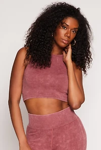 Womens Seamless Ribbed Knit Cropped Tank Top, Burgundy, Size S
