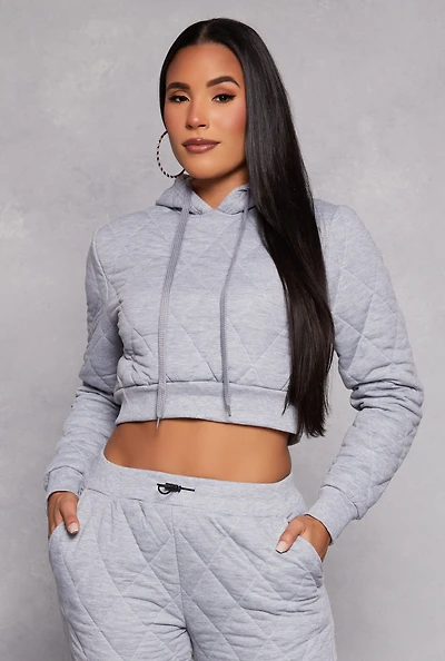 Womens Quilted Cropped Hoodie, Grey, Size S