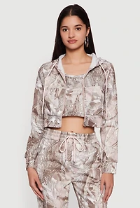 Tree Camo Cropped Zip Front Hoodie and Cami Set