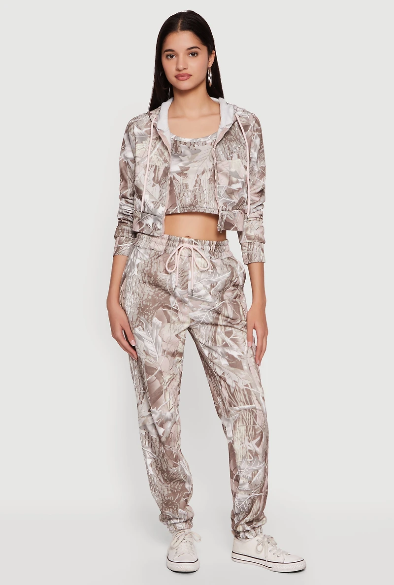 Tree Camo Cropped Zip Front Hoodie and Cami Set