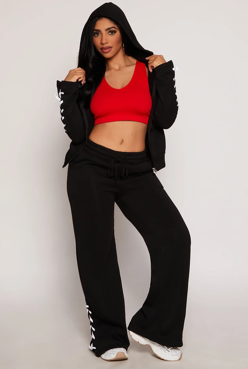 Lace Up Sleeve Zip Front Hoodie