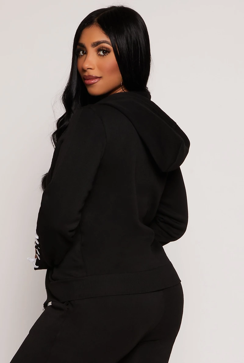 Lace Up Sleeve Zip Front Hoodie