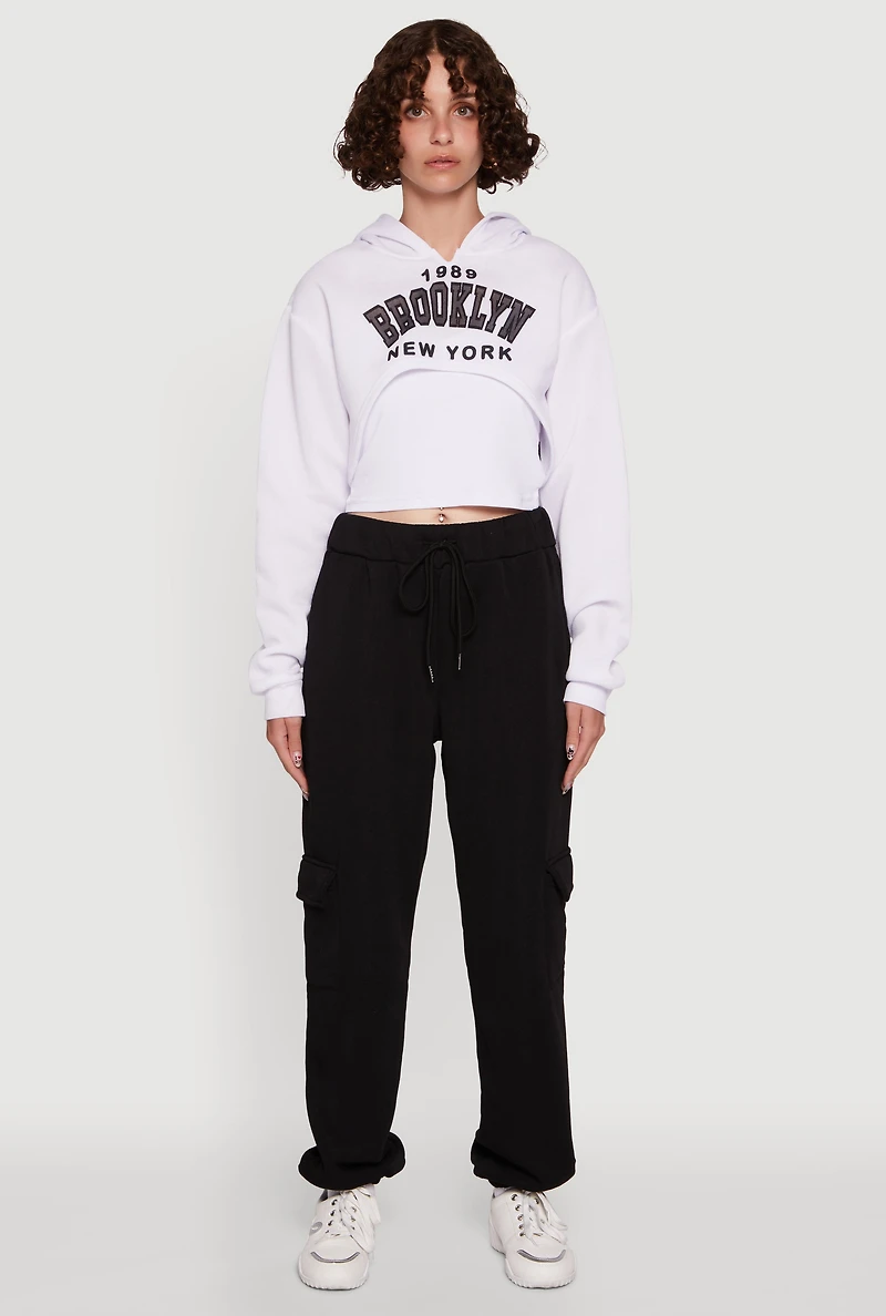 Womens 1989 Brooklyn Hooded Shrug Sweatshirt and Caged Back Cami, White,