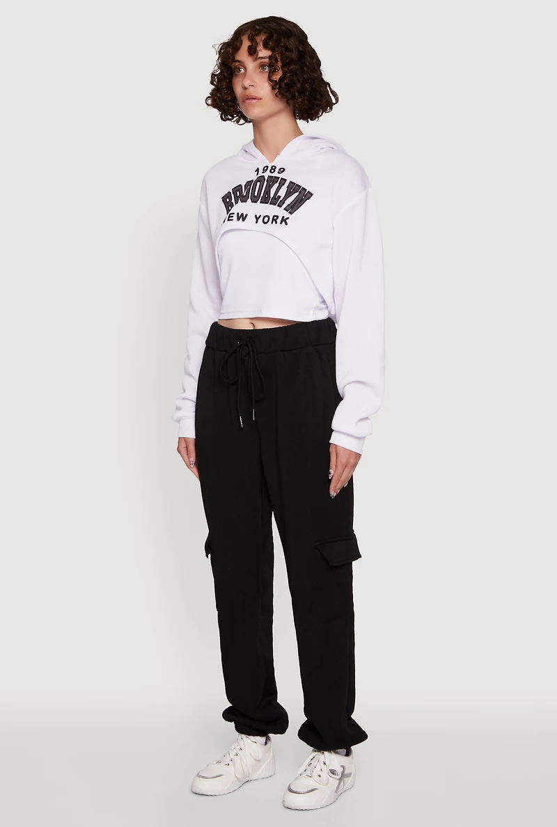Womens 1989 Brooklyn Hooded Shrug Sweatshirt and Caged Back Cami, White,