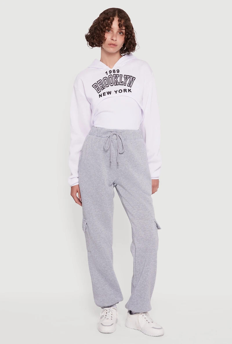 Womens 1989 Brooklyn Hooded Shrug Sweatshirt and Caged Back Cami, White, Size S