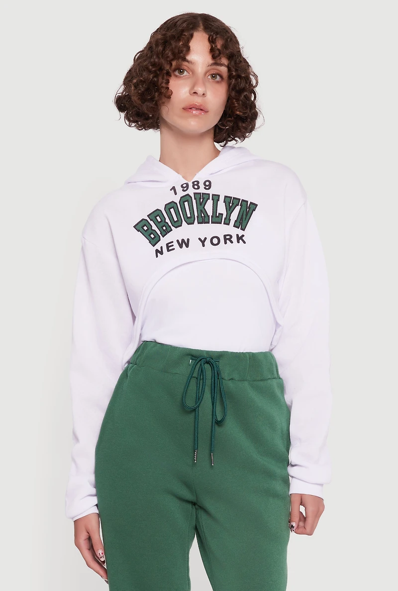 Womens 1989 Brooklyn Hooded Shrug Sweatshirt and Caged Back Cami, White,