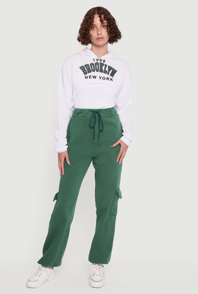 Womens 1989 Brooklyn Hooded Shrug Sweatshirt and Caged Back Cami, White,