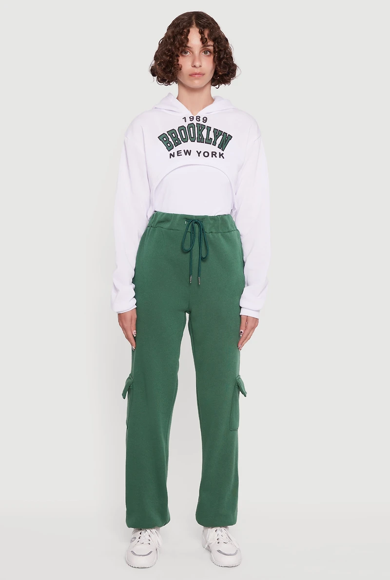 Womens 1989 Brooklyn Hooded Shrug Sweatshirt and Caged Back Cami, White,