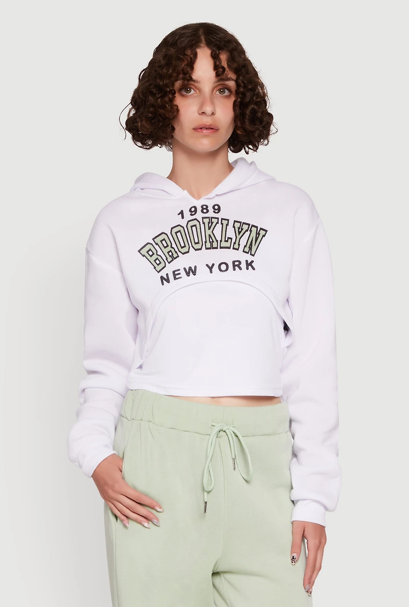 Womens 1989 Brooklyn Hooded Shrug Sweatshirt and Caged Back Cami, White,