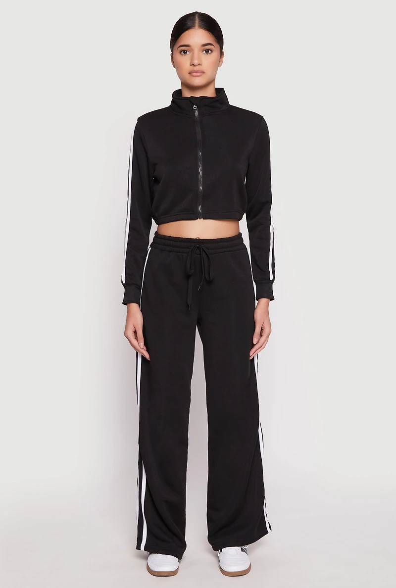 Womens Varsity Stripe Zip Front Cropped Sweatshirt, Black, Size S
