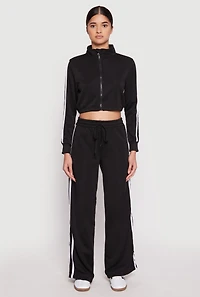 Womens Varsity Stripe Zip Front Cropped Sweatshirt, Black, Size S