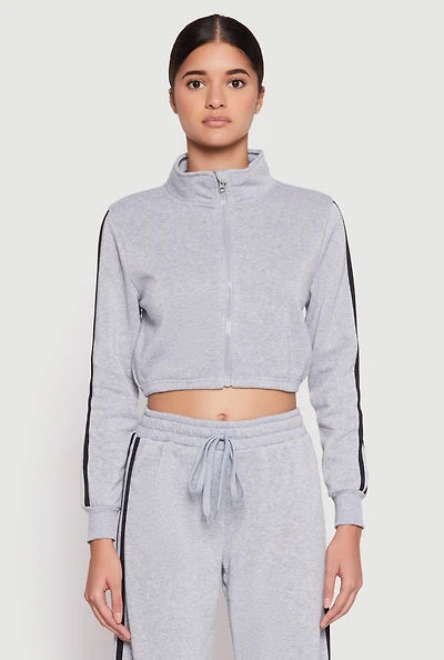 Womens Varsity Stripe Zip Front Cropped Sweatshirt, Grey, Size L