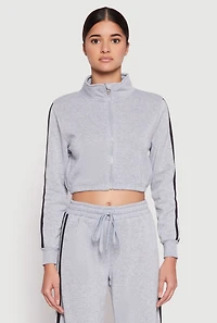 Womens Varsity Stripe Zip Front Cropped Sweatshirt, Grey, Size L