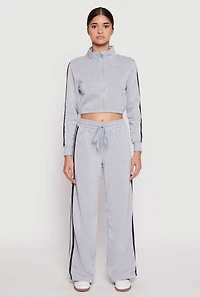 Womens Varsity Stripe Zip Front Cropped Sweatshirt, Grey, Size L