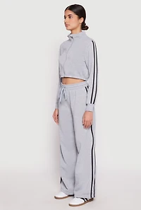 Womens Varsity Stripe Zip Front Cropped Sweatshirt, Grey, Size L