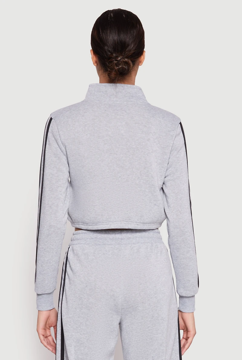 Womens Varsity Stripe Zip Front Cropped Sweatshirt, Grey, Size L