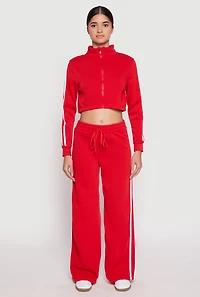 Womens Varsity Stripe Zip Front Cropped Sweatshirt, Red, Size M