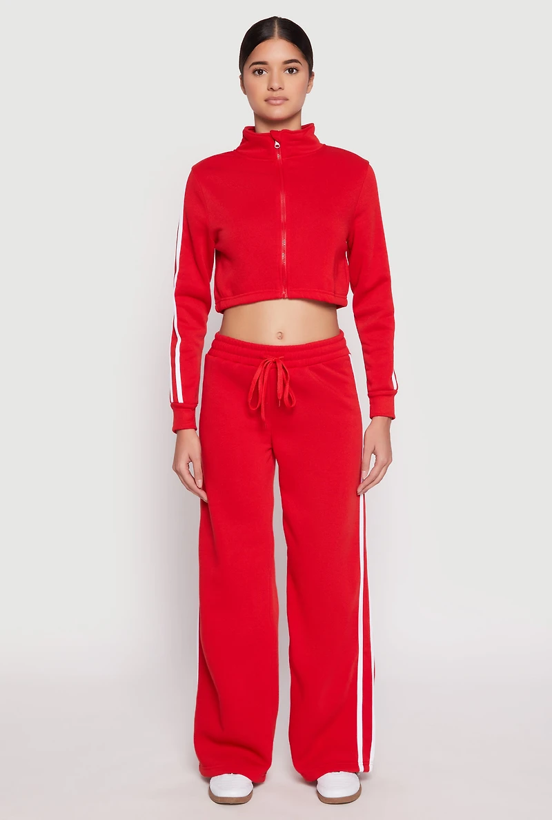 Womens Varsity Stripe Zip Front Cropped Sweatshirt, Red, Size L