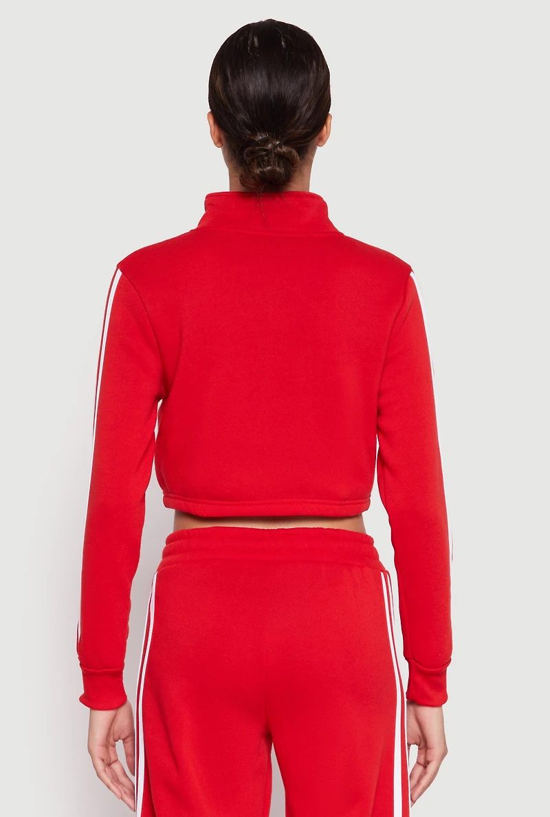 Womens Varsity Stripe Zip Front Cropped Sweatshirt, Red, Size L