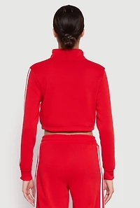 Womens Varsity Stripe Zip Front Cropped Sweatshirt, Red, Size L