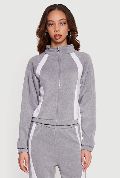 Contrast Trim Mock Neck Zip Front Sweatshirt