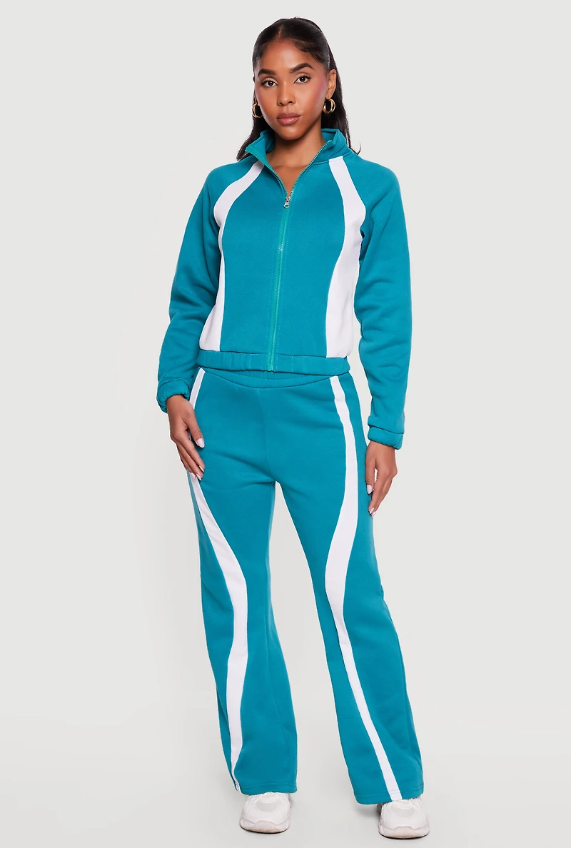 Contrast Trim Mock Neck Zip Front Sweatshirt