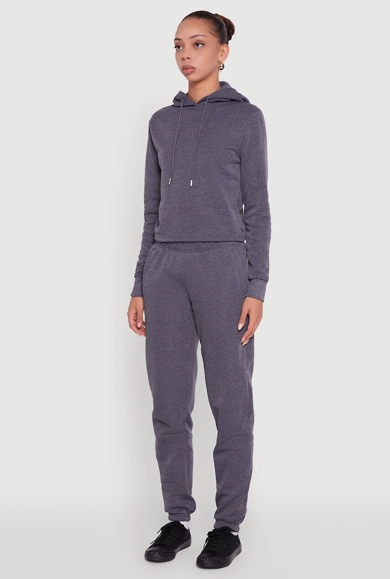 Womens Fleece Lined Cropped Pullover Hooded Sweatshirt, Grey, Size L