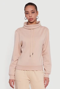 Womens Drawstring Funnel Neck Pullover Sweatshirt,