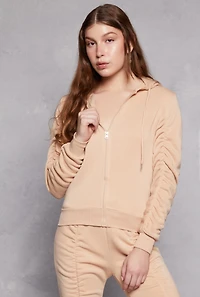Ruched Sleeve Zip Front Hoodie