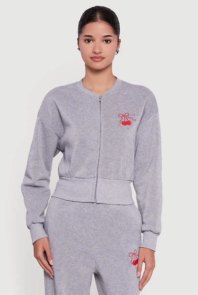 Cherry Bow Graphic Detail Zip Front Sweatshirt