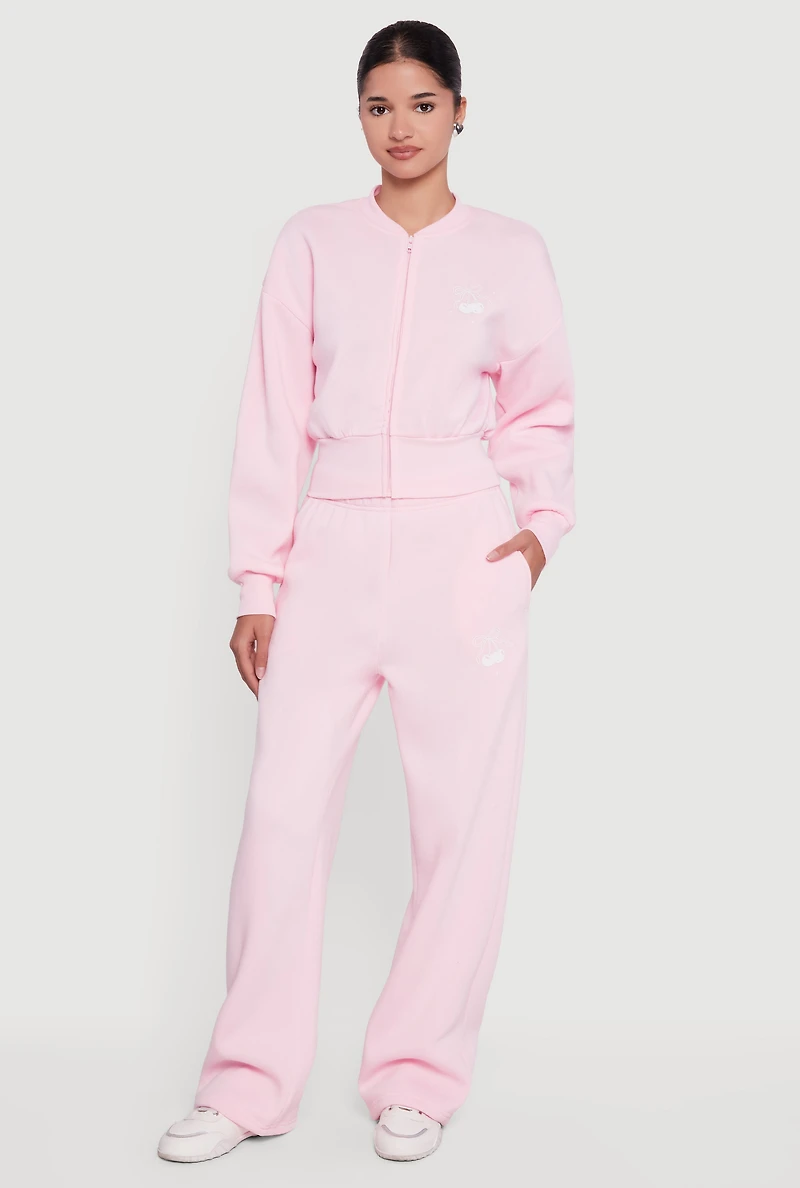 Womens Cherry Graphic Straight Leg Sweatpants, Pink, Size L