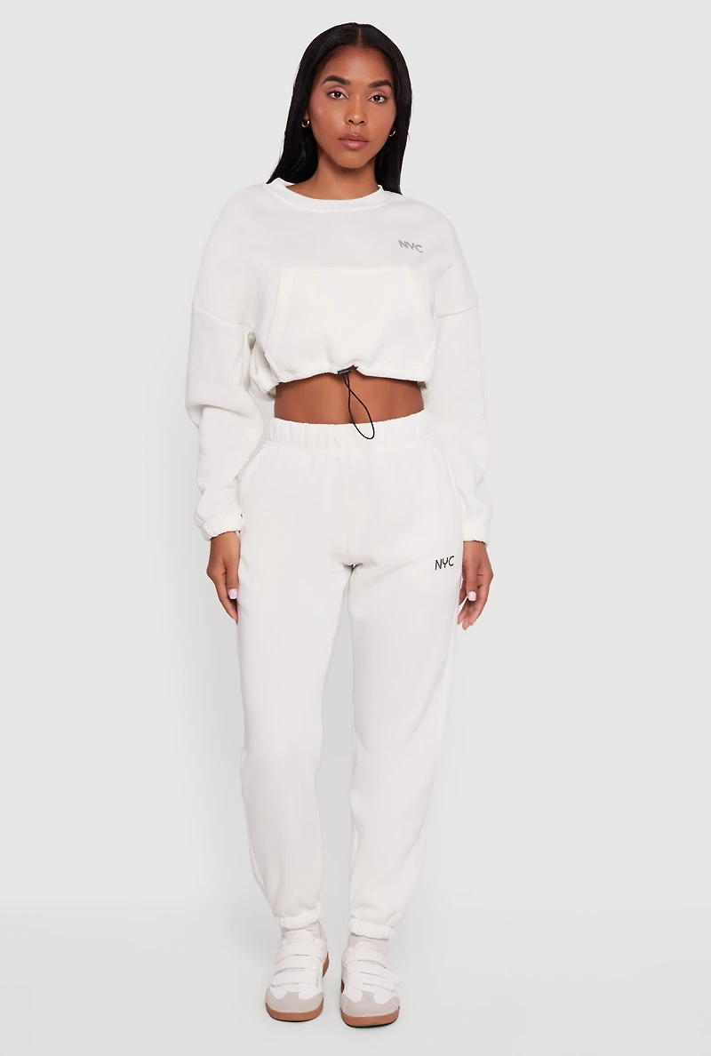 Womens Fleece Lined NYC Graphic Cropped Sweatshirt, White,