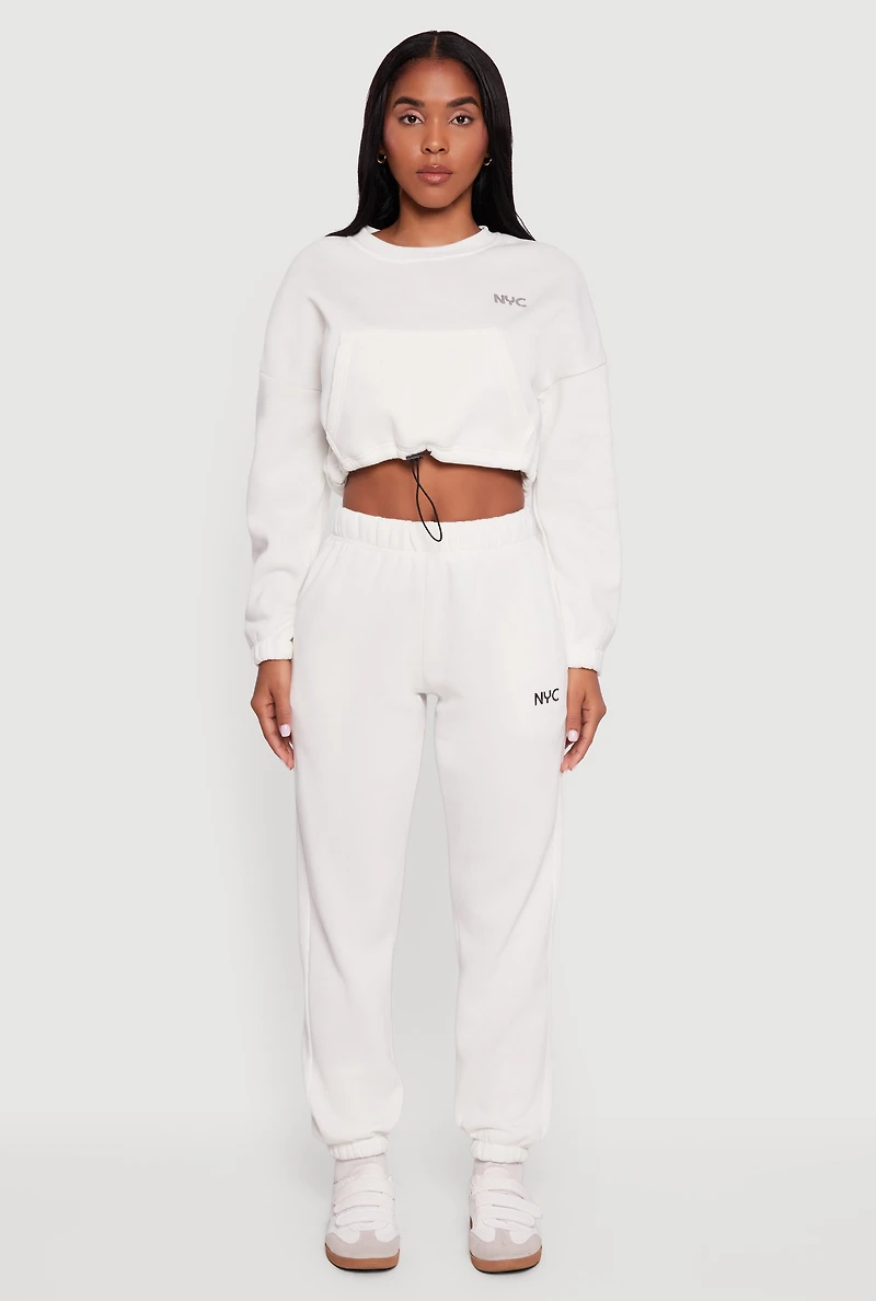 Womens Fleece Lined NYC Graphic Cropped Sweatshirt, White,
