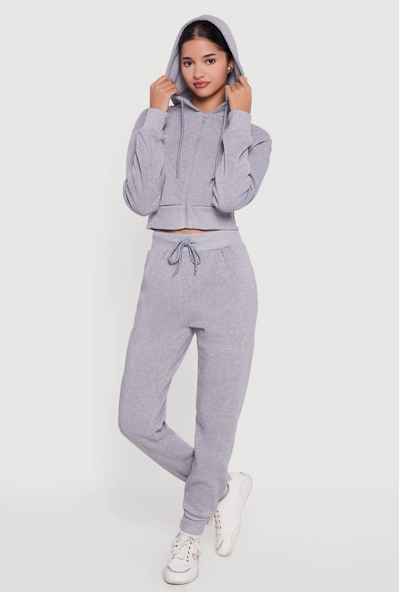 Womens Angel Rhinestone Zip Front Cropped Hoodie, Grey,