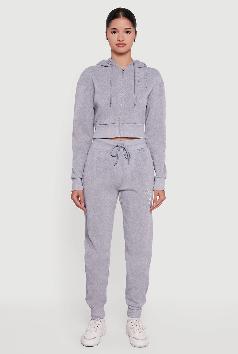 Womens Angel Rhinestone Zip Front Cropped Hoodie, Grey,