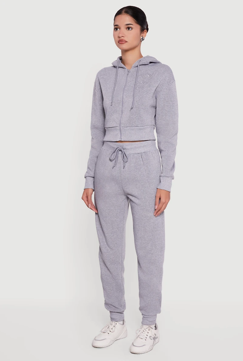 Womens Angel Rhinestone Zip Front Cropped Hoodie, Grey,