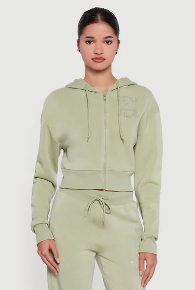 Womens Angel Rhinestone Zip Front Cropped Hoodie,